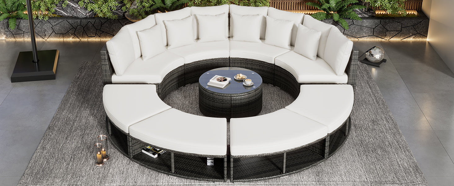 Outdoor Patio Furniture Luxury Circular Outdoor Sofa Set Rattan Wicker Sectional Sofa Lounge Set With Tempered Glass Coffee Table, 6 Pillows,Beige Yes Beige Water Resistant Frame Water Resistant Cushion Garden & Outdoor Sectional Seating Groups Foam