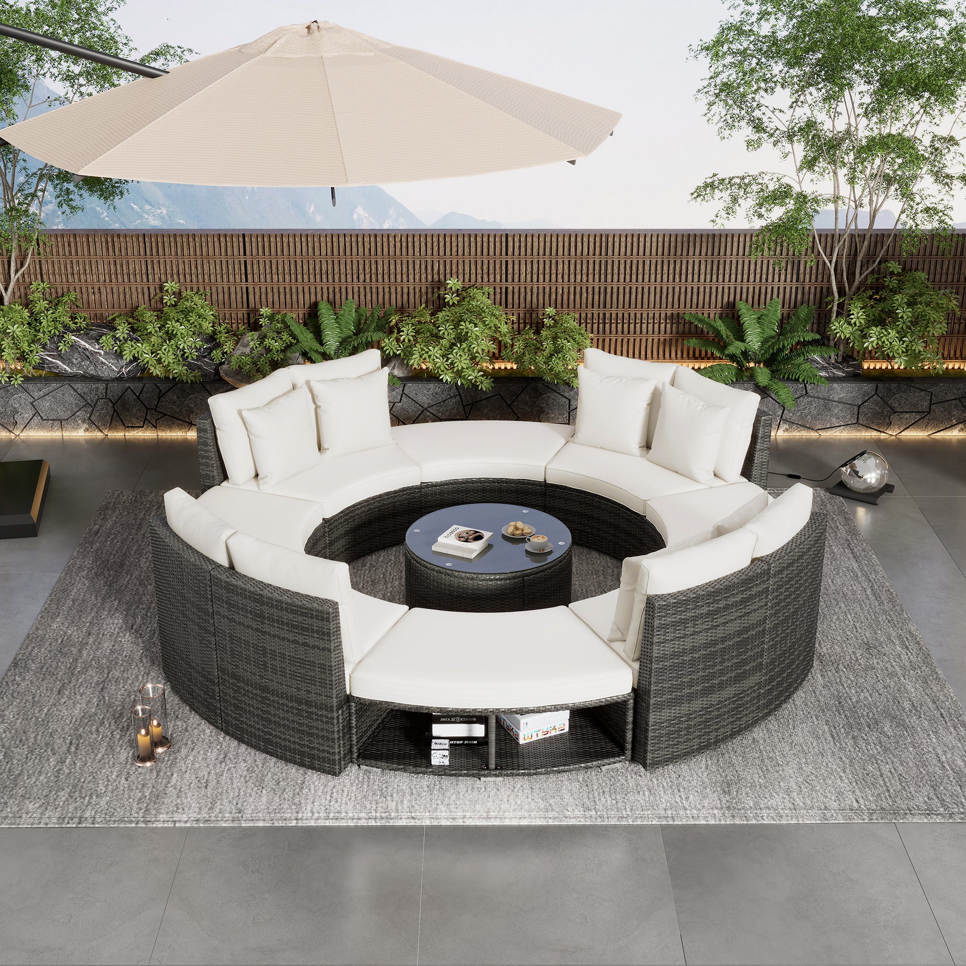 Outdoor Patio Furniture Luxury Circular Outdoor Sofa Set Rattan Wicker Sectional Sofa Lounge Set With Tempered Glass Coffee Table, 6 Pillows,Beige Yes Beige Water Resistant Frame Water Resistant Cushion Garden & Outdoor Sectional Seating Groups Foam