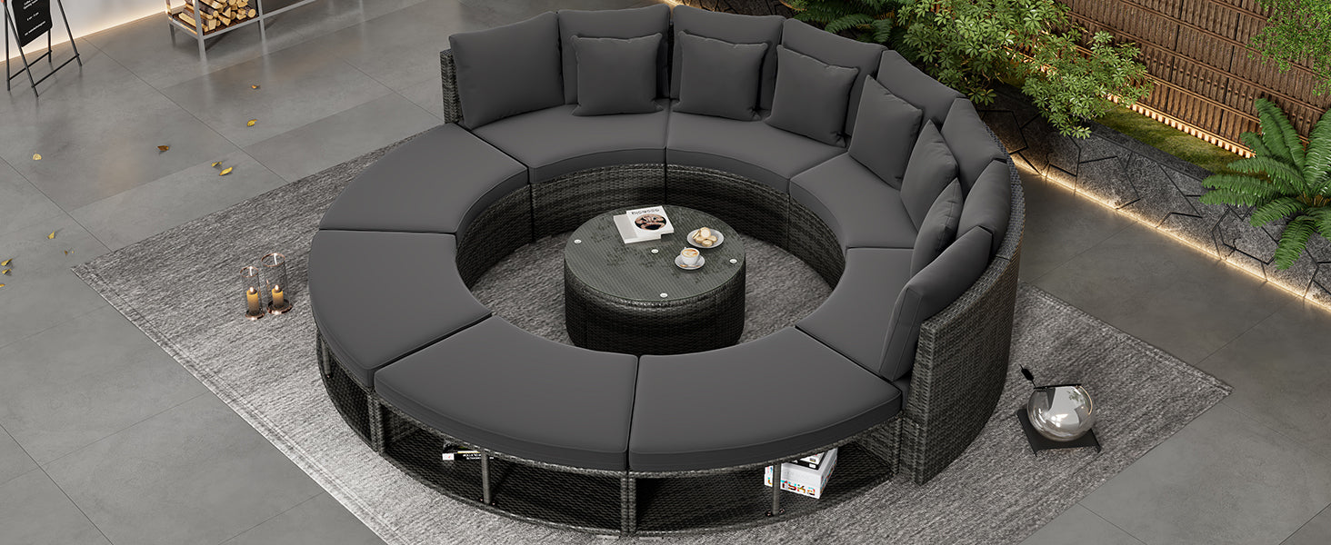 Outdoor Patio Furniture Luxury Circular Outdoor Sofa Set Rattan Wicker Sectional Sofa Lounge Set With Tempered Glass Coffee Table, 6 Pillows, Grey Yes Grey Water Resistant Frame Water Resistant Cushion Garden & Outdoor Sectional Seating Groups Foam