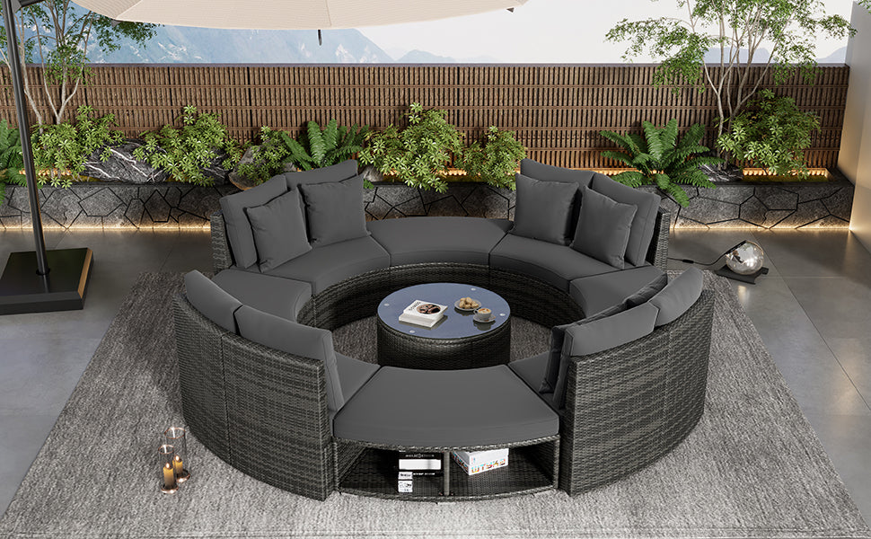 Outdoor Patio Furniture Luxury Circular Outdoor Sofa Set Rattan Wicker Sectional Sofa Lounge Set With Tempered Glass Coffee Table, 6 Pillows, Grey Yes Grey Water Resistant Frame Water Resistant Cushion Garden & Outdoor Sectional Seating Groups Foam