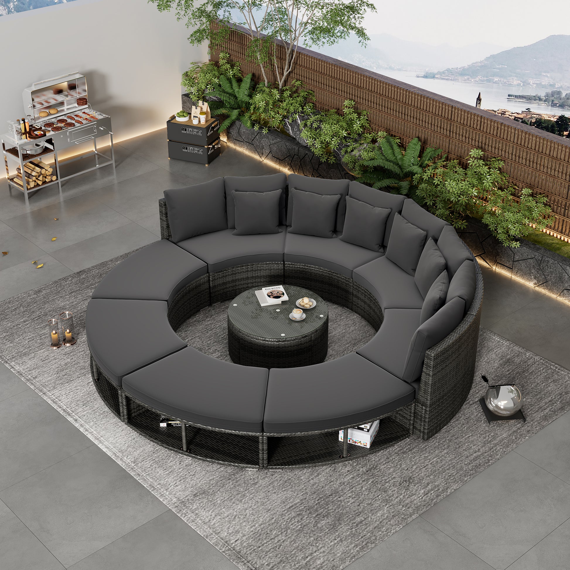 Outdoor Patio Furniture Luxury Circular Outdoor Sofa Set Rattan Wicker Sectional Sofa Lounge Set With Tempered Glass Coffee Table, 6 Pillows, Grey Yes Grey Water Resistant Frame Water Resistant Cushion Garden & Outdoor Sectional Seating Groups Foam