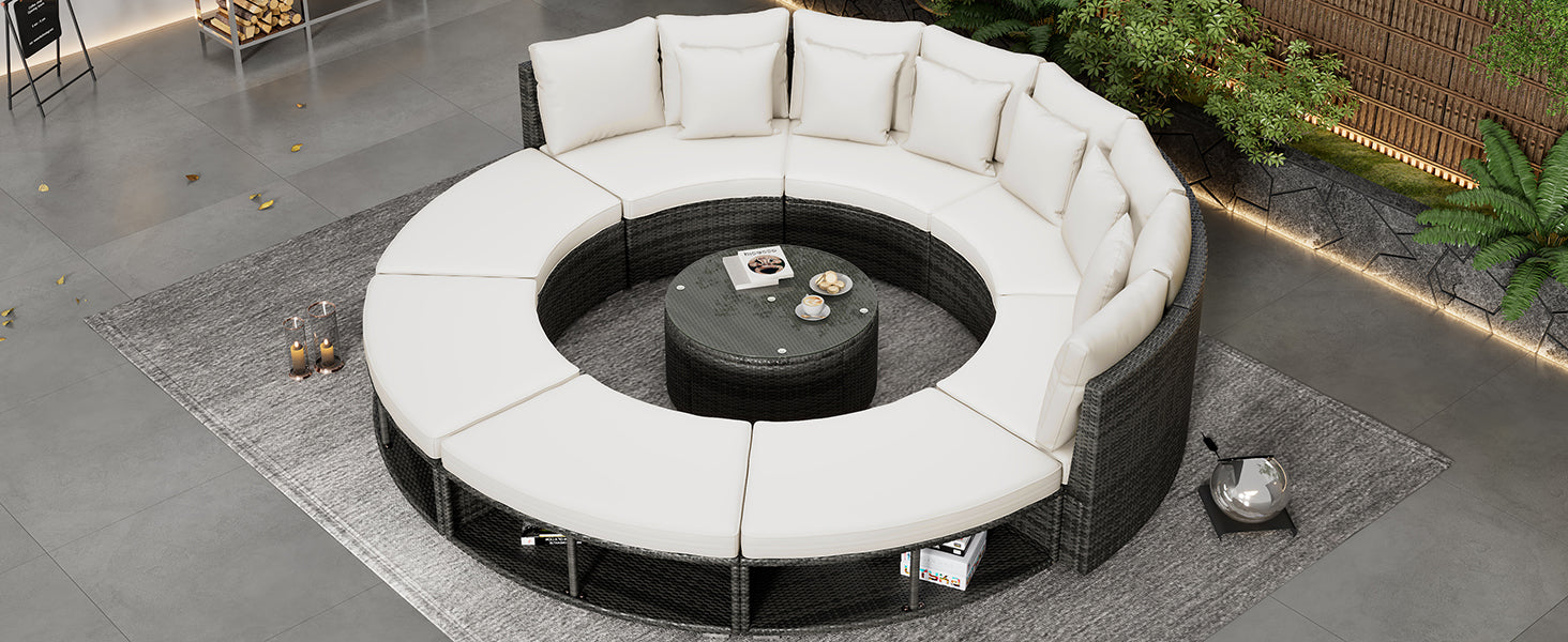 Outdoor Patio Furniture Luxury Circular Outdoor Sofa Set Rattan Wicker Sectional Sofa Lounge Set With Tempered Glass Coffee Table, 6 Pillows,Beige Yes Beige Water Resistant Frame Water Resistant Cushion Garden & Outdoor Sectional Seating Groups Foam