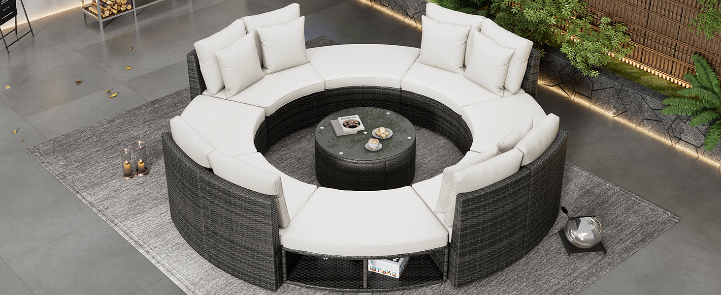 Outdoor Patio Furniture Luxury Circular Outdoor Sofa Set Rattan Wicker Sectional Sofa Lounge Set With Tempered Glass Coffee Table, 6 Pillows,Beige Yes Beige Water Resistant Frame Water Resistant Cushion Garden & Outdoor Sectional Seating Groups Foam