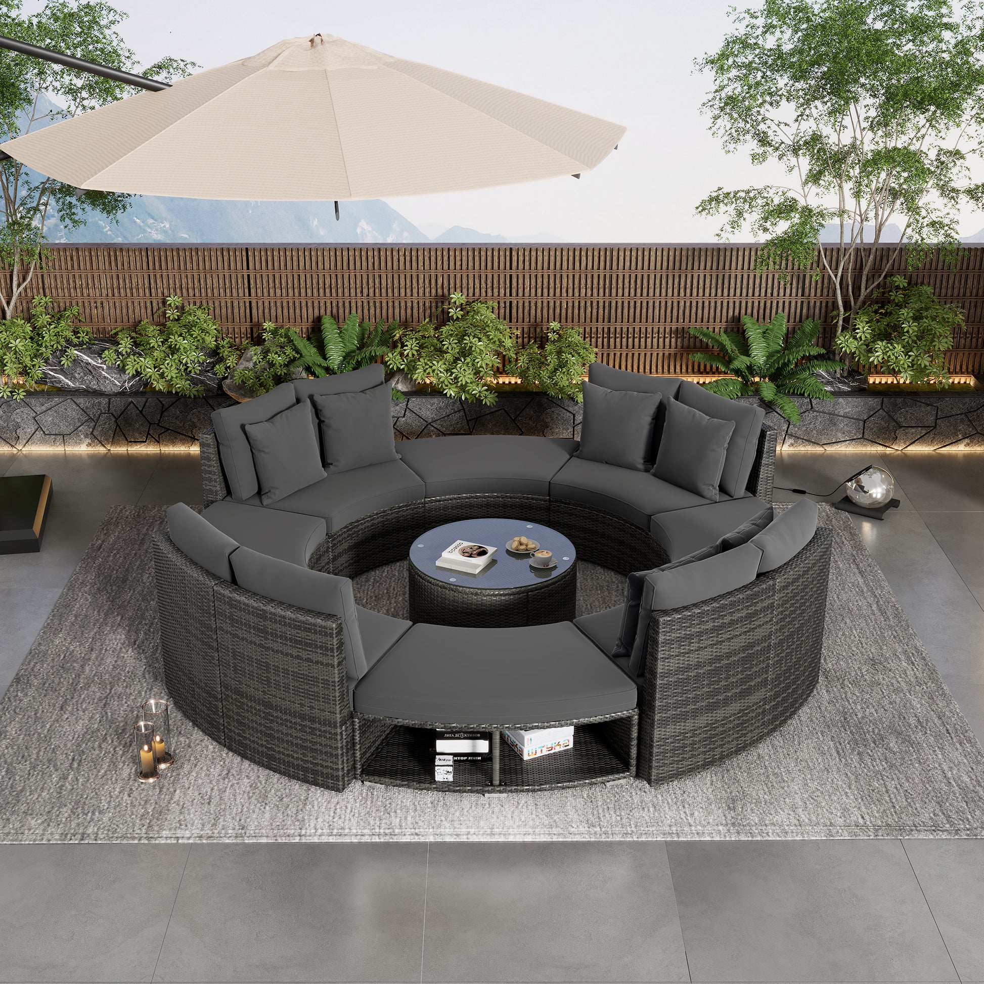 Outdoor Patio Furniture Luxury Circular Outdoor Sofa Set Rattan Wicker Sectional Sofa Lounge Set With Tempered Glass Coffee Table, 6 Pillows, Grey Yes Grey Water Resistant Frame Water Resistant Cushion Garden & Outdoor Sectional Seating Groups Foam