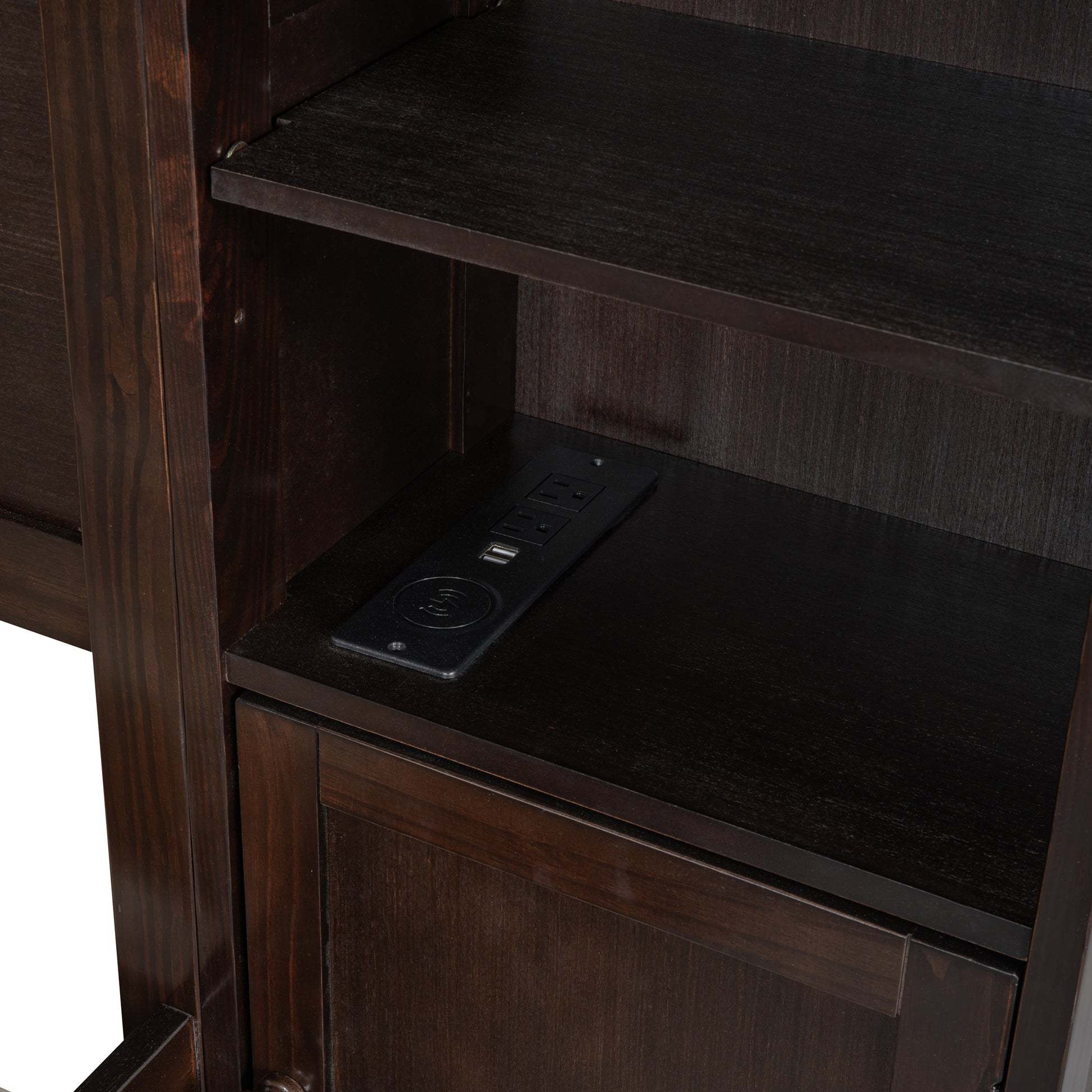 Queen Size Wooden Bed With All In One Cabinet, Shelf And Sockets, Espresso Espresso Solid Wood