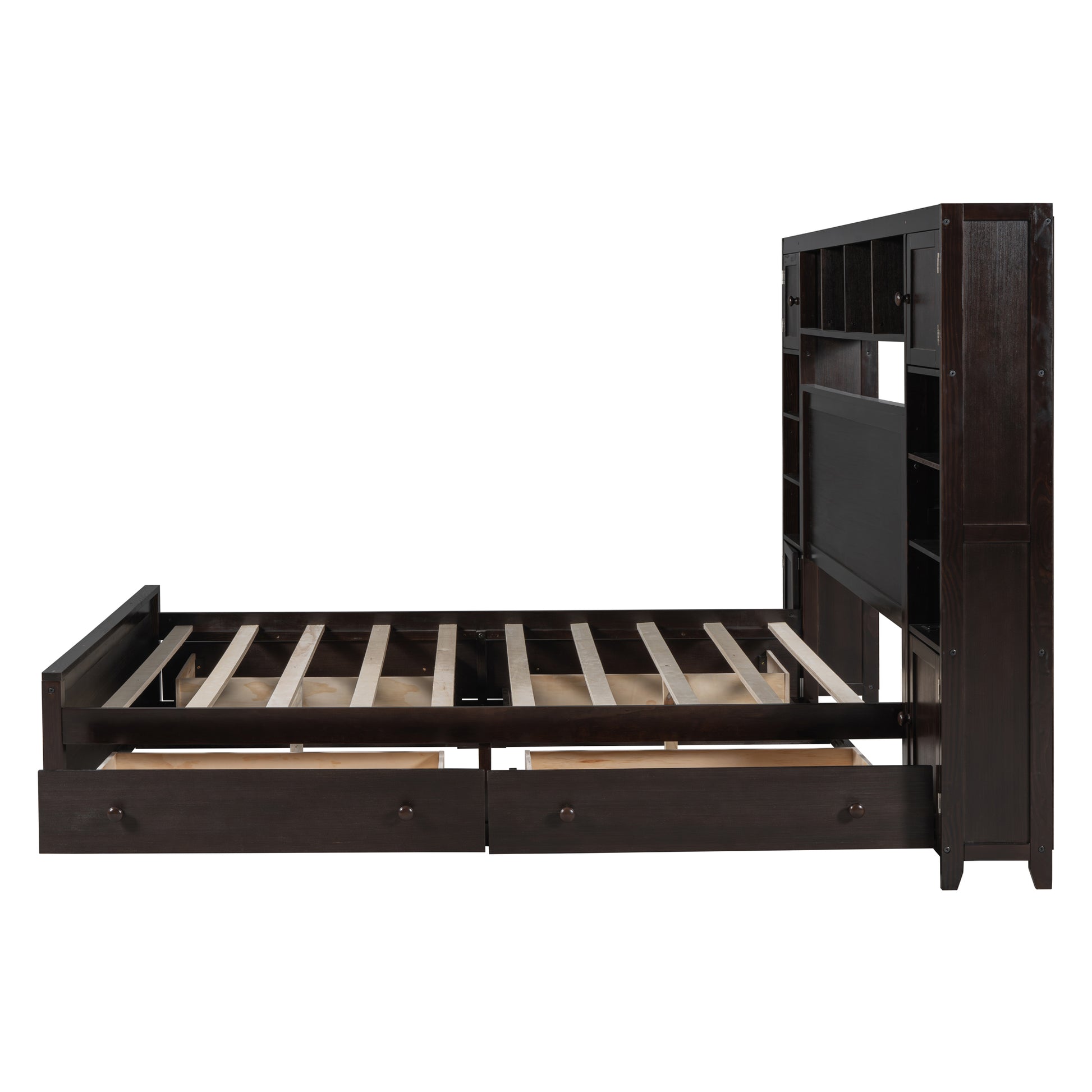 Queen Size Wooden Bed With All In One Cabinet, Shelf And Sockets, Espresso Espresso Solid Wood