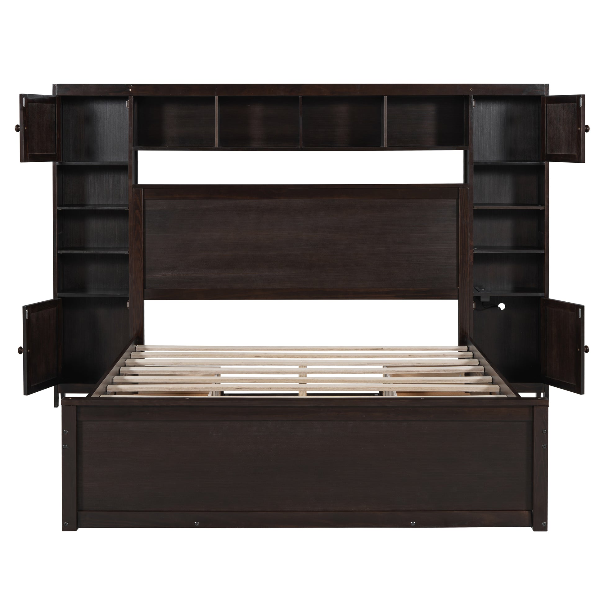 Queen Size Wooden Bed With All In One Cabinet, Shelf And Sockets, Espresso Espresso Solid Wood