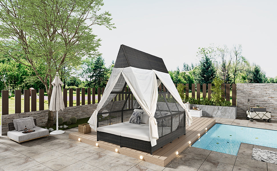 Outdoor Daybed Patio Lounge Bed With Adjustable Backrest Outdoor Double Sun Lounger With Curtains, 4 Pillows For Garden Patio Poolside Balcony Beach, Cream Yes Cream Water Resistant Frame Water Resistant Cushion Garden & Outdoor Sectional Seating Groups