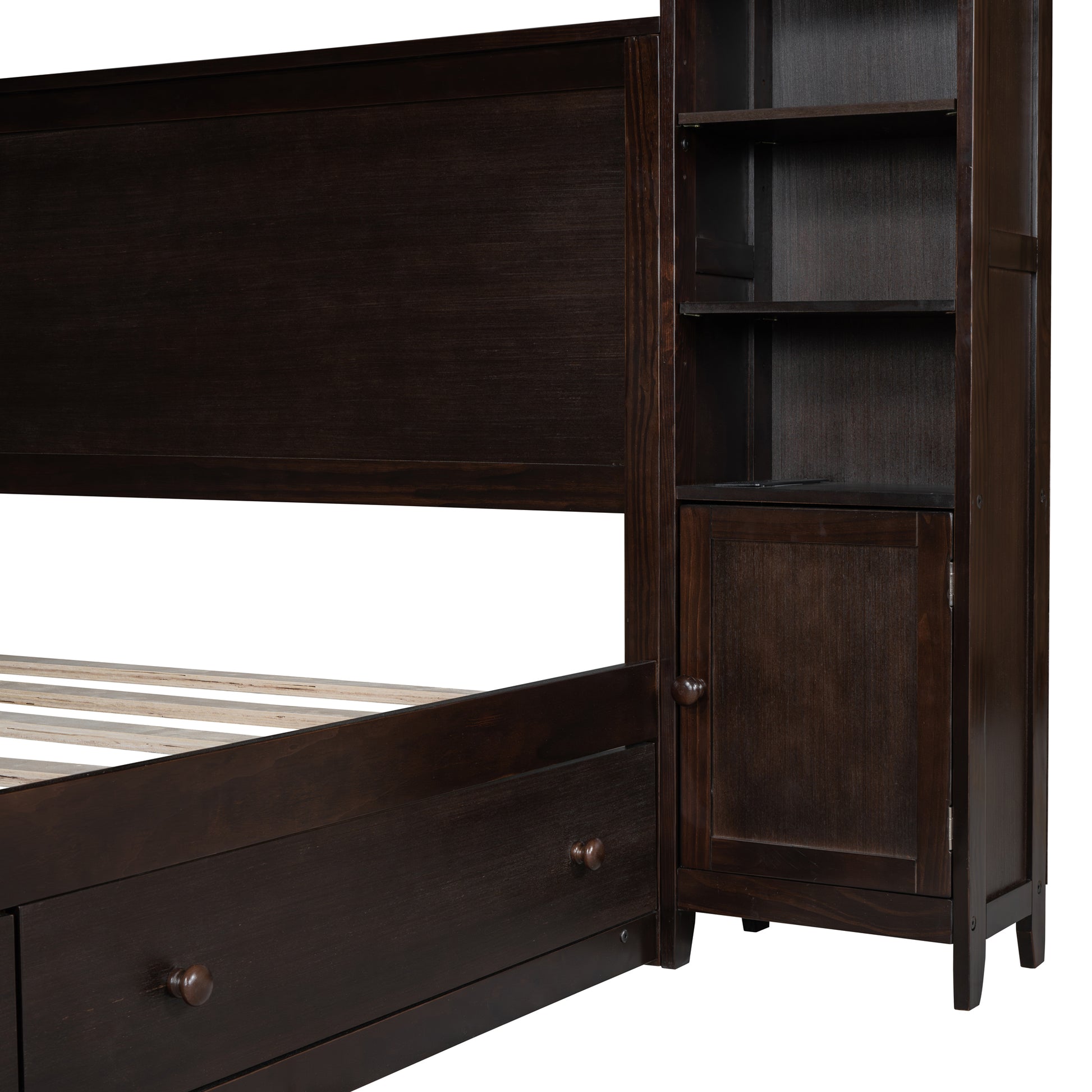 Queen Size Wooden Bed With All In One Cabinet, Shelf And Sockets, Espresso Espresso Solid Wood