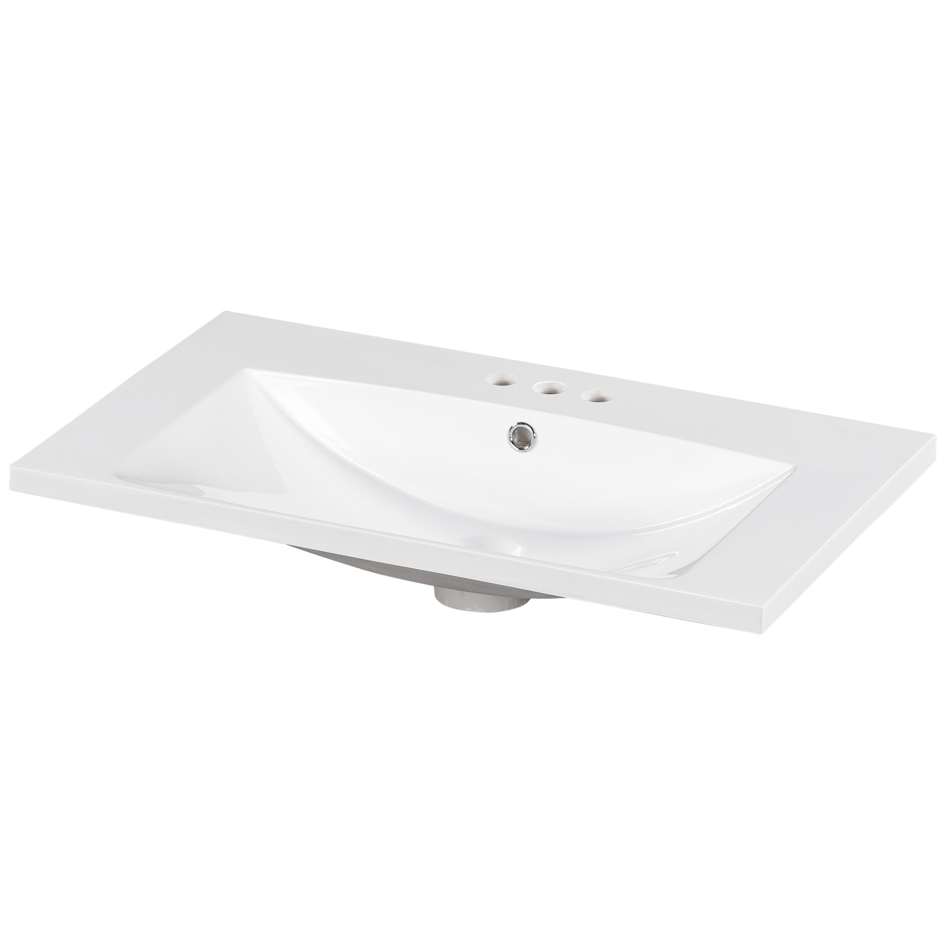 30" Single Bathroom Basin Sink, Vanity Top Only, 3 Faucet Holes, Resin White Resin