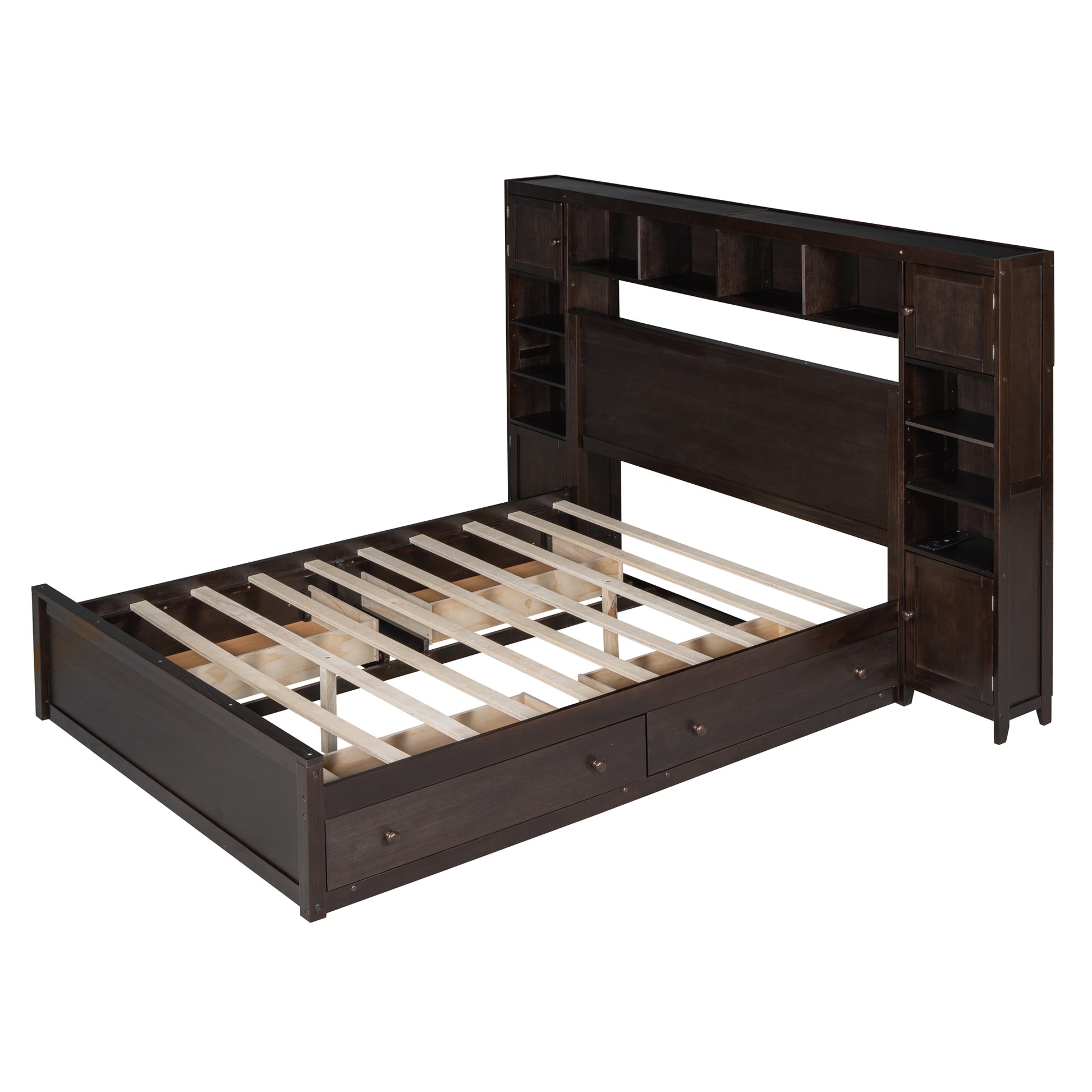 Queen Size Wooden Bed With All In One Cabinet, Shelf And Sockets, Espresso Espresso Solid Wood