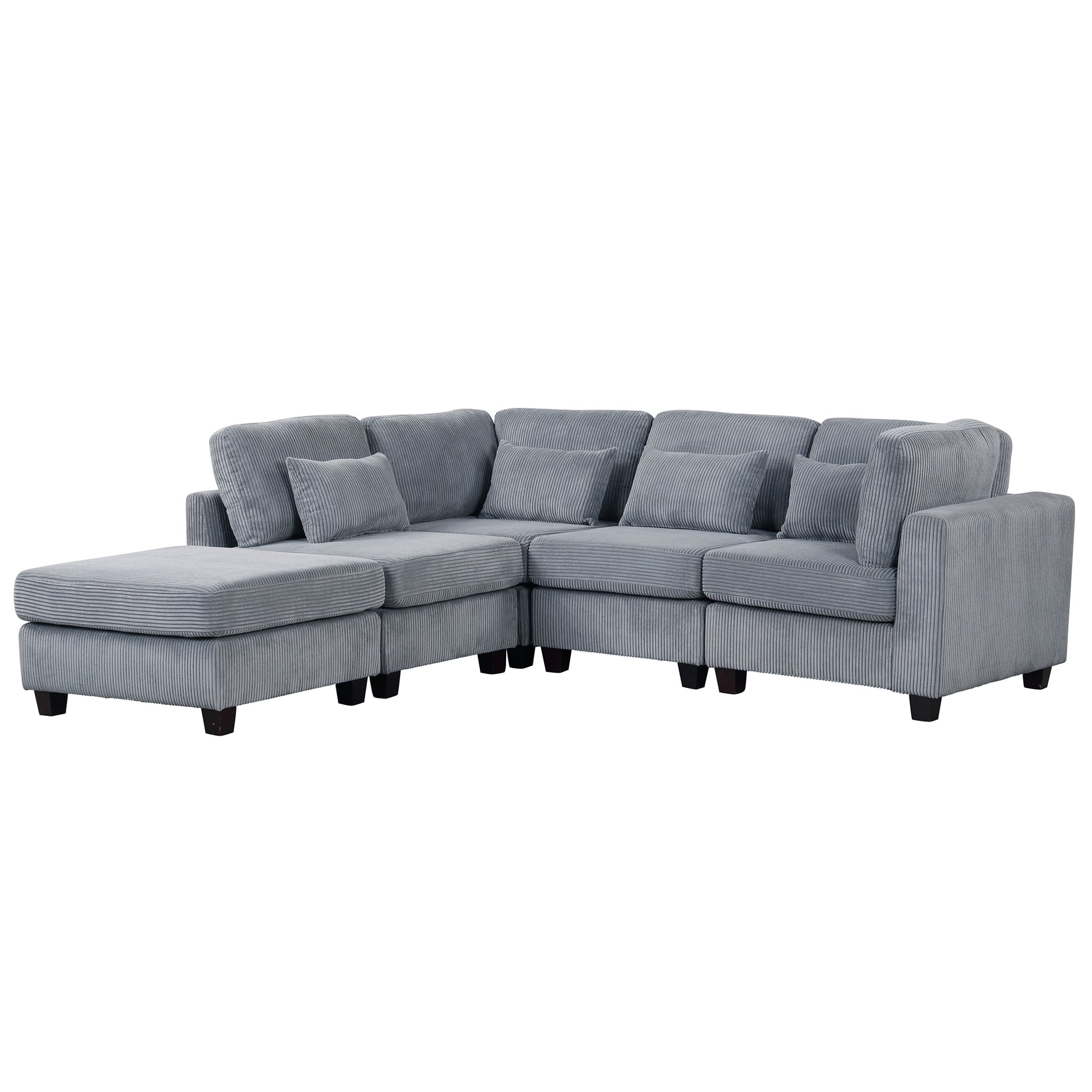 5 Pieces L Shaped Sofa With Removable Ottomans And Comfortable Waist Pillows Grey Polyester 5 Seat