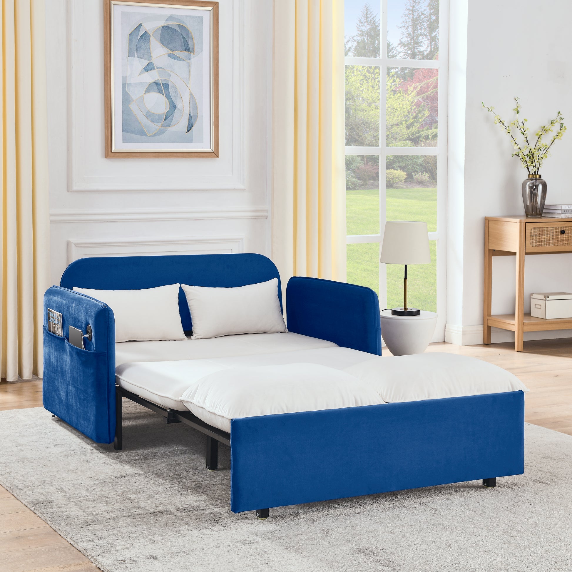 53" Modern Convertible Sofa Bed W 2 Removable Armrests W Usb Power Port, Velvet Recliner Adjustable Sofa W Head Pull Out Bed, 2 Pillows, For Living Room Apartment Etc., White Blue Beige Blue Foam