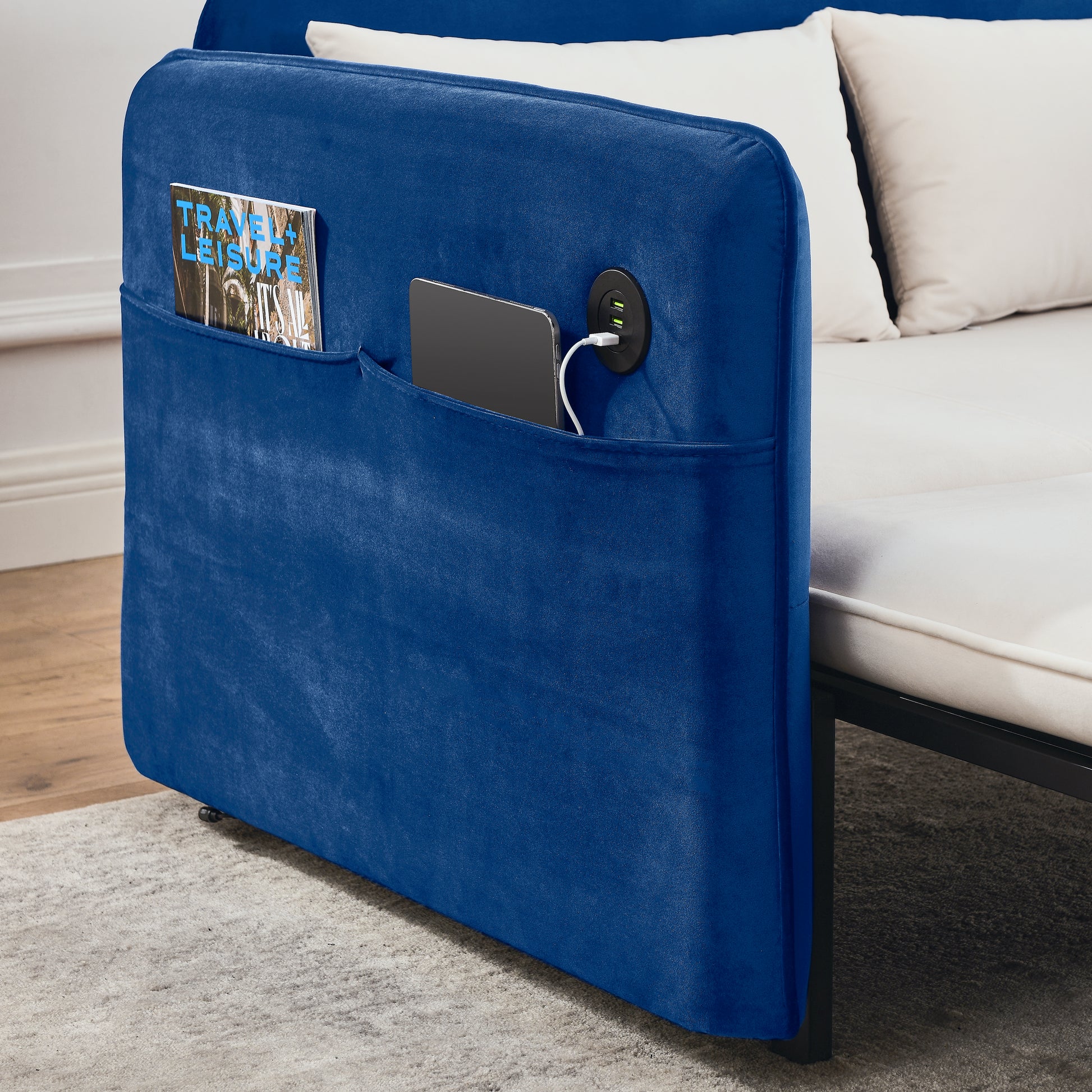 53" Modern Convertible Sofa Bed W 2 Removable Armrests W Usb Power Port, Velvet Recliner Adjustable Sofa W Head Pull Out Bed, 2 Pillows, For Living Room Apartment Etc., White Blue Beige Blue Foam