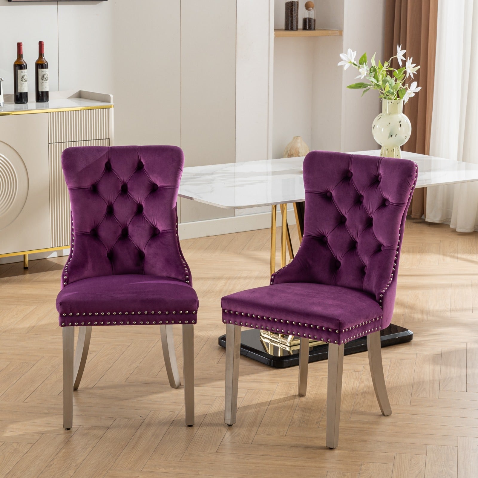 Nikki Collection Modern, High End Tufted Solid Wood Contemporary Velvet Upholstered Dining Chair With Chrome Stainless Steel Plating Legs,Nailhead Trim,Set Of 2,Purple And Chrome, Sw1701Pp Purple Dining Room American Traditional Rubberwood Set Of 2 Foam