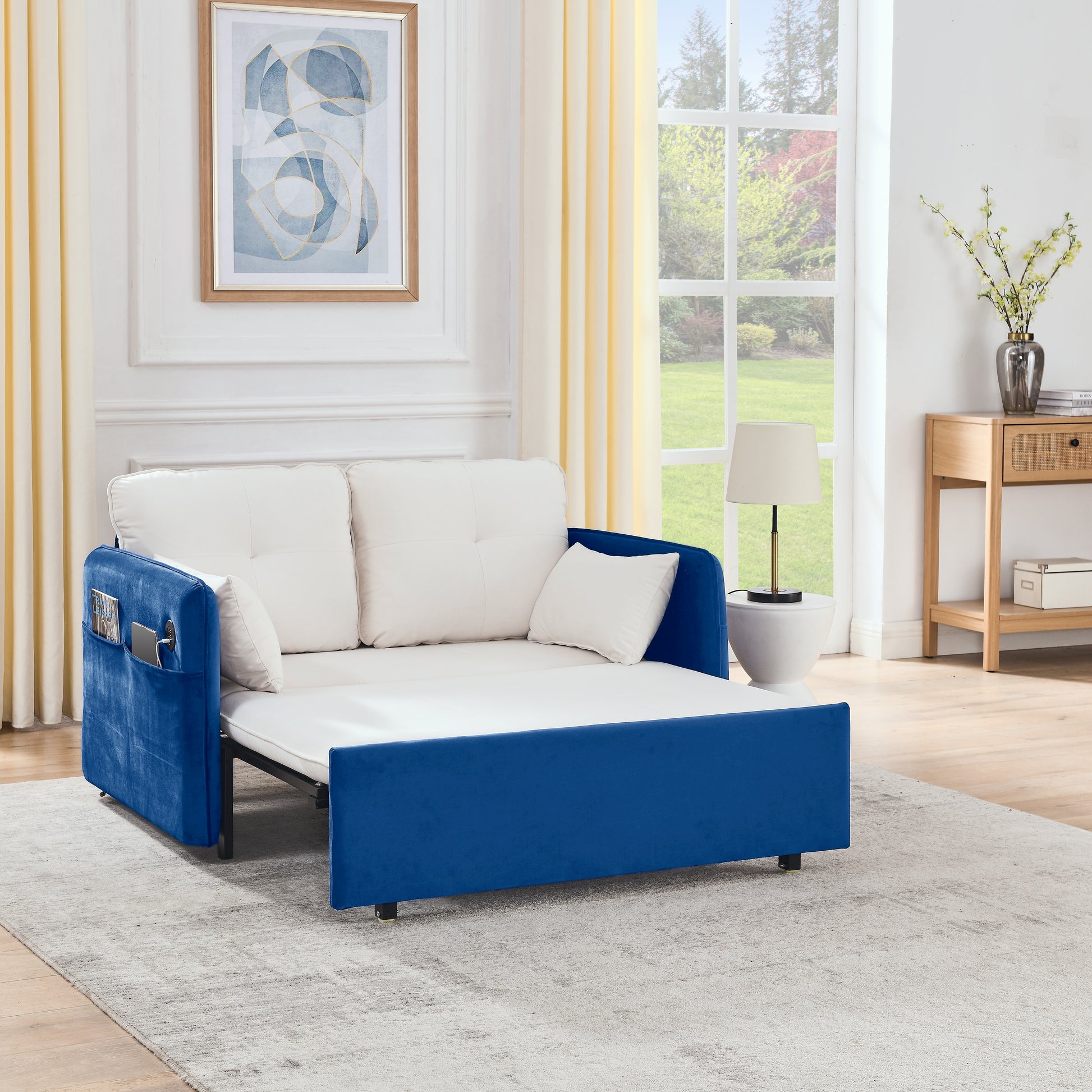 53" Modern Convertible Sofa Bed W 2 Removable Armrests W Usb Power Port, Velvet Recliner Adjustable Sofa W Head Pull Out Bed, 2 Pillows, For Living Room Apartment Etc., White Blue Beige Blue Foam