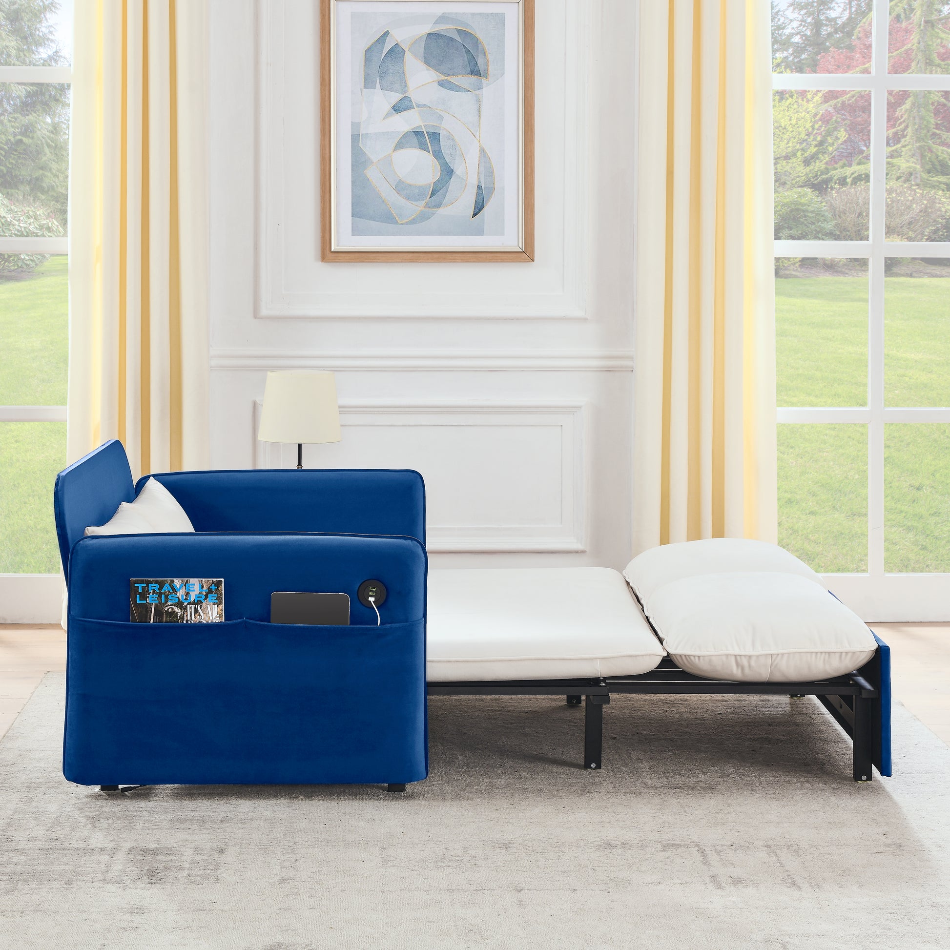 53" Modern Convertible Sofa Bed W 2 Removable Armrests W Usb Power Port, Velvet Recliner Adjustable Sofa W Head Pull Out Bed, 2 Pillows, For Living Room Apartment Etc., White Blue Beige Blue Foam