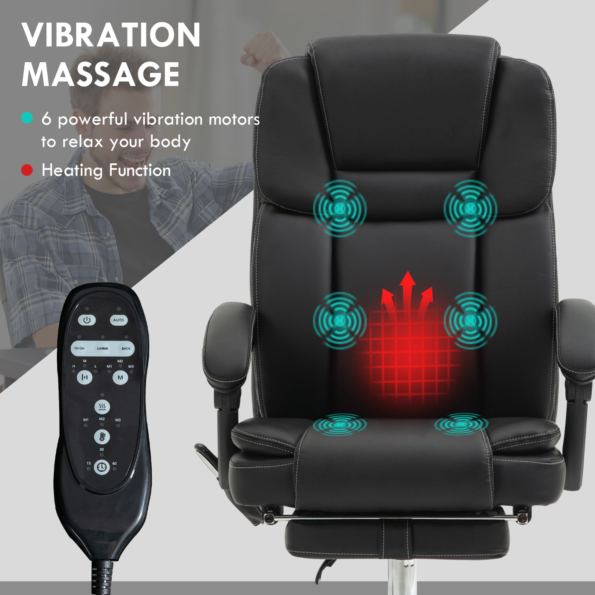 Vinsetto Massage Office Chair With 6 Vibration Points, Heated Reclining Pu Leather Computer Chair With Adjustable Height, Footrest, Black Black Pu Leather