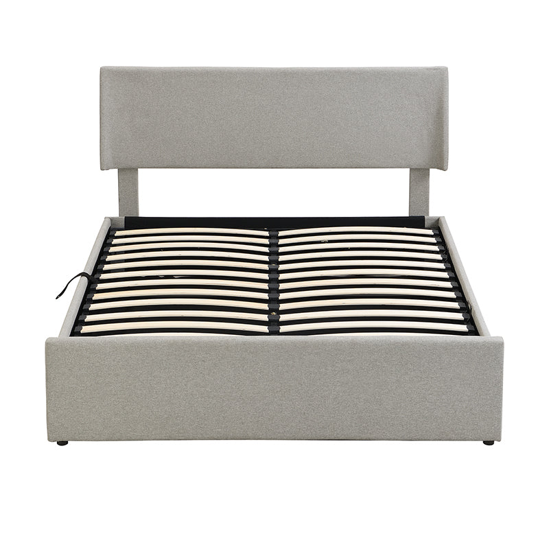 Queen Size Sleigh Bed With Side Tilt Hydraulic Storage System, Linen Upholstery, Gray Gray Linen