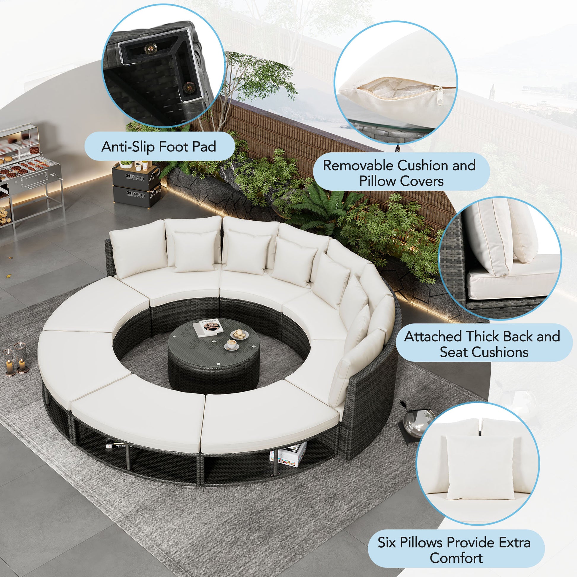 Outdoor Patio Furniture Luxury Circular Outdoor Sofa Set Rattan Wicker Sectional Sofa Lounge Set With Tempered Glass Coffee Table, 6 Pillows,Beige Yes Beige Water Resistant Frame Water Resistant Cushion Garden & Outdoor Sectional Seating Groups Foam