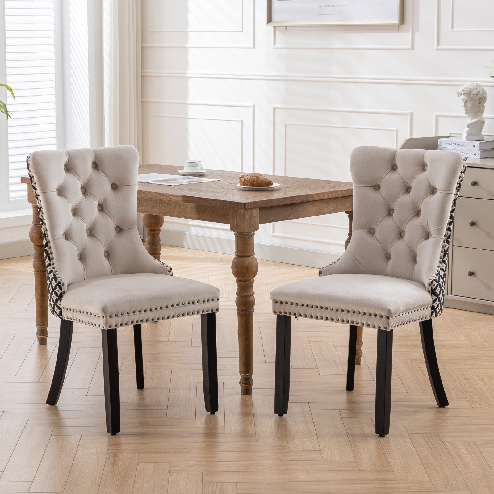Classic Velvet Dining Chairs, High End Tufted Solid Wood Contemporary Velvet Upholstered Dining Chair With Wood Legs Nailhead, Set Of 2,Beige And Patterned,Sw2201Bg Beige Dining Room American Design Rubberwood Set Of 2 Foam Velvet