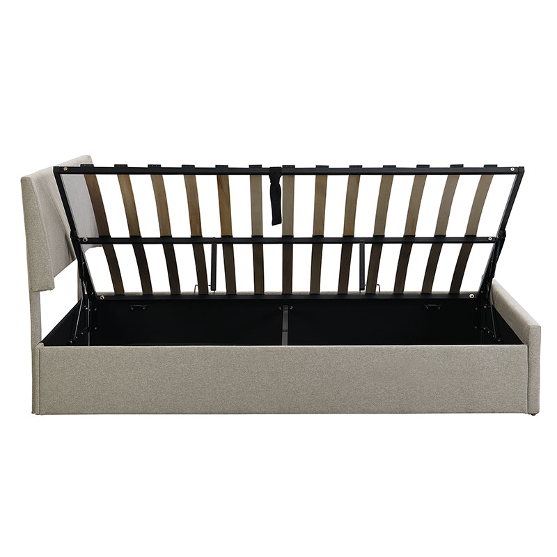 Queen Size Sleigh Bed With Side Tilt Hydraulic Storage System, Linen Upholstery, Gray Gray Linen