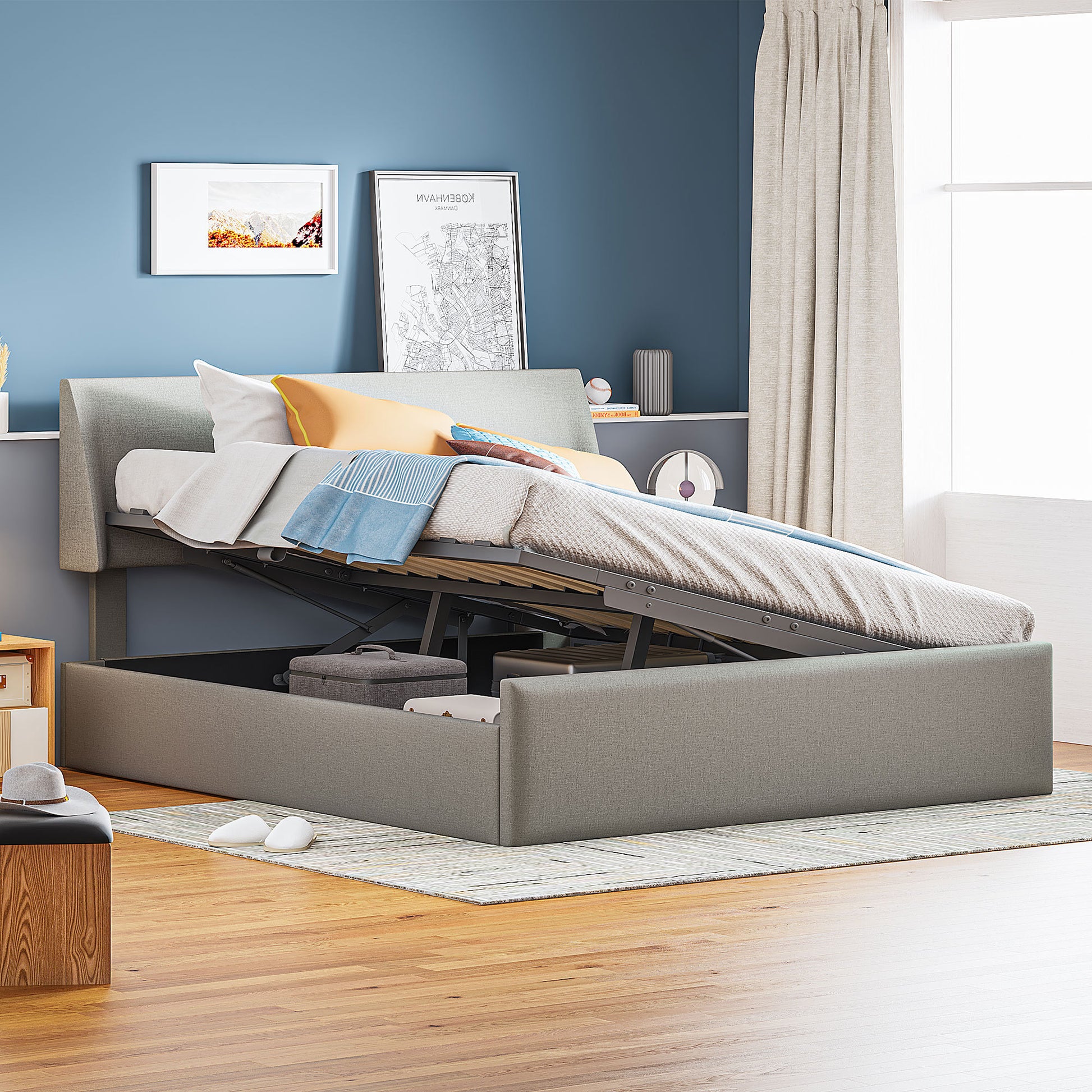 Queen Size Sleigh Bed With Side Tilt Hydraulic Storage System, Linen Upholstery, Gray Gray Linen