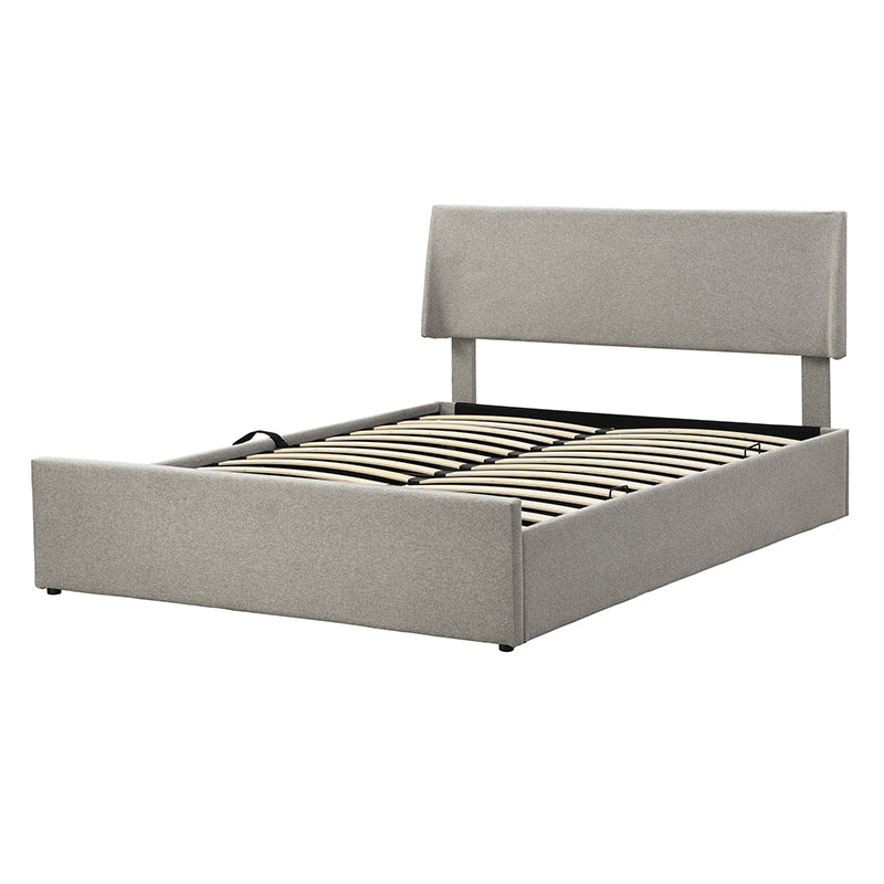 Queen Size Sleigh Bed With Side Tilt Hydraulic Storage System, Linen Upholstery, Gray Gray Linen