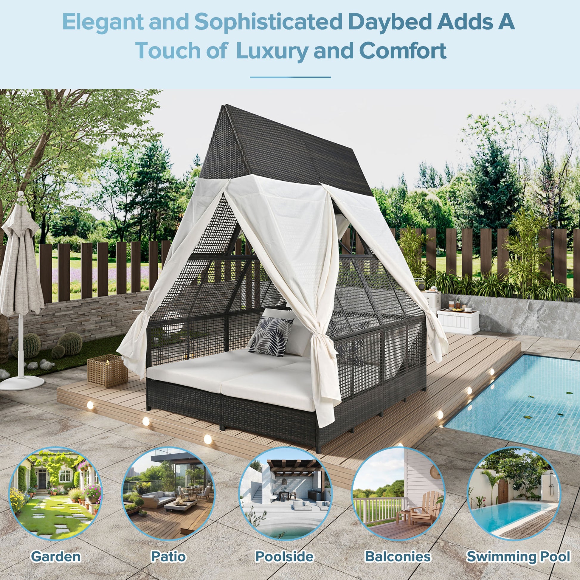 Outdoor Daybed Patio Lounge Bed With Adjustable Backrest Outdoor Double Sun Lounger With Curtains, 4 Pillows For Garden Patio Poolside Balcony Beach, Cream Yes Cream Water Resistant Frame Water Resistant Cushion Garden & Outdoor Sectional Seating Groups