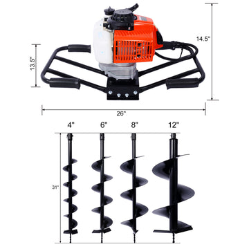 2.7Hp Post Hole Digger 63Cc Two Person Handle Gas Powered 2 Stroke Auger Digging Drill Shaft Size 3 4" Machine Only Epa Complaint Withl4" L6" L8" L12" Drill Bits Black Steel
