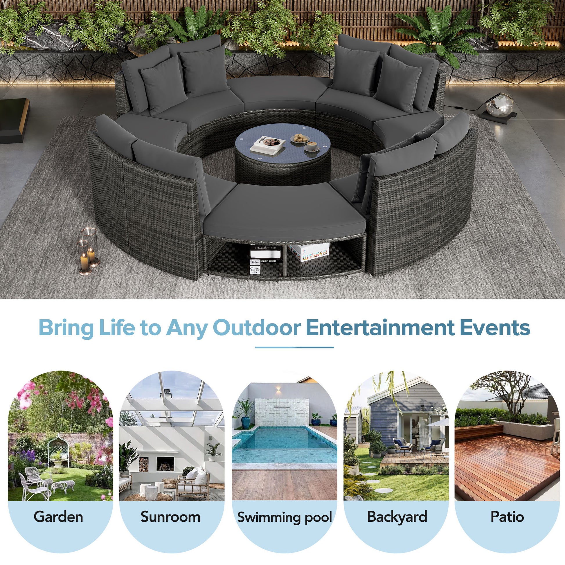 Outdoor Patio Furniture Luxury Circular Outdoor Sofa Set Rattan Wicker Sectional Sofa Lounge Set With Tempered Glass Coffee Table, 6 Pillows, Grey Yes Grey Water Resistant Frame Water Resistant Cushion Garden & Outdoor Sectional Seating Groups Foam