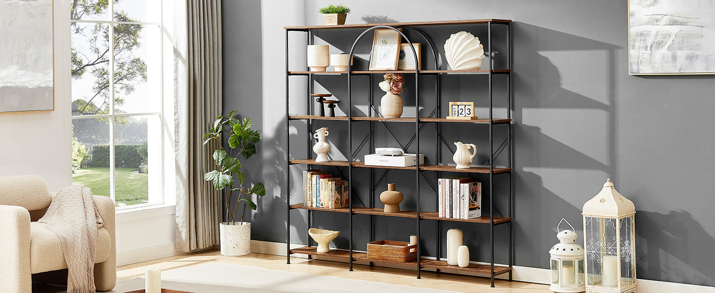6 Tier Bookcase Home Office Open Bookshelf, Vintage Industrial Style Shelf With Metal Frame, Mdf Board, Brown Brown Mdf Steel