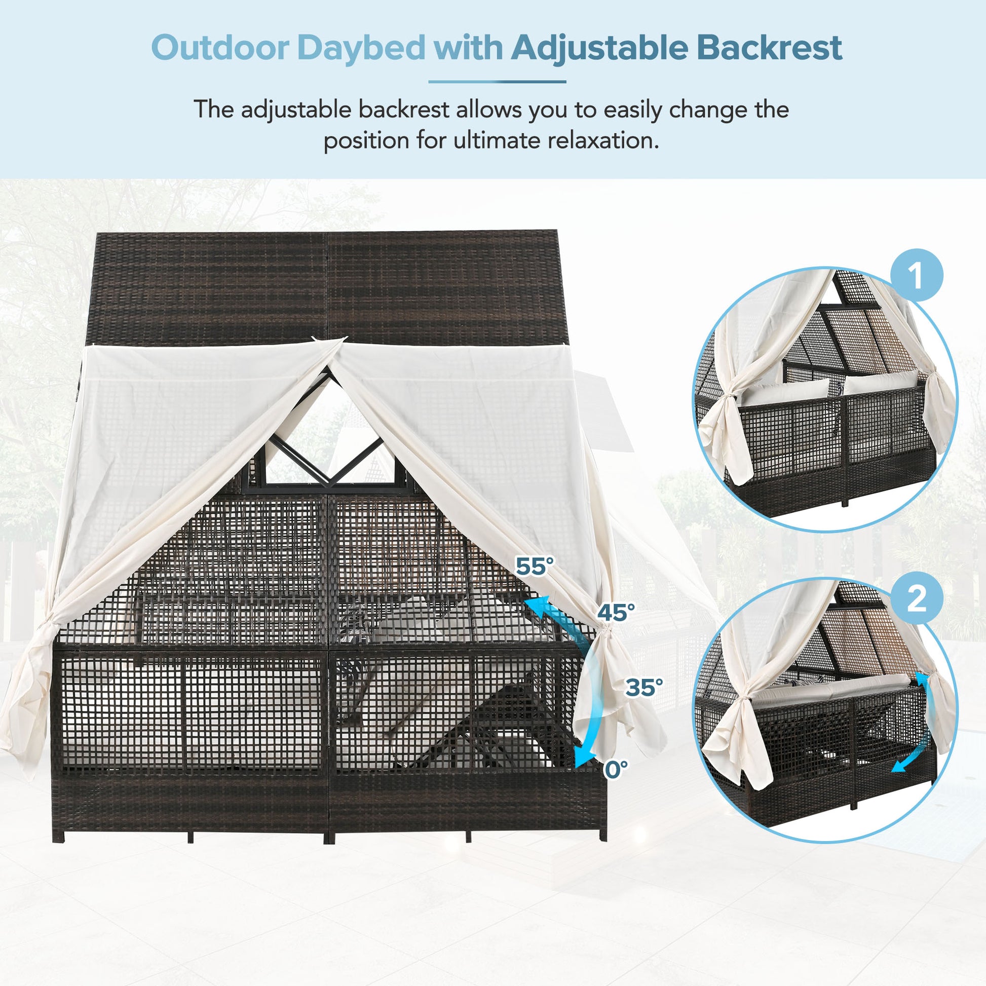 Outdoor Daybed Patio Lounge Bed With Adjustable Backrest Outdoor Double Sun Lounger With Curtains, 4 Pillows For Garden Patio Poolside Balcony Beach, Cream Yes Cream Water Resistant Frame Water Resistant Cushion Garden & Outdoor Sectional Seating Groups