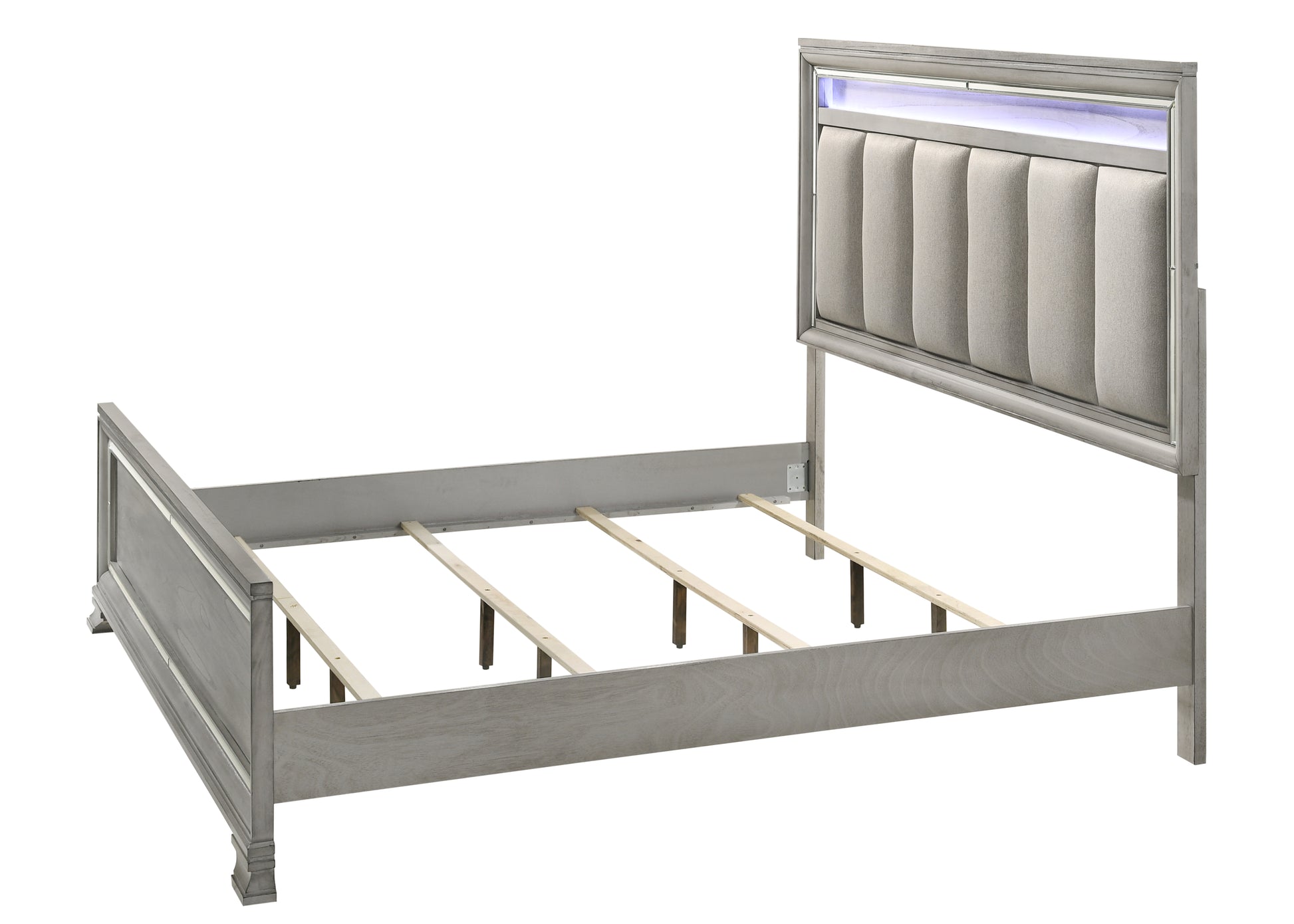 Modern Glam Style Upholstered Headboard Led Light Silver Strip Inlay Edges Light Gray Finish 1Pc King Size Bed Wooden Bedroom Furniture Light Gray Solid Wood