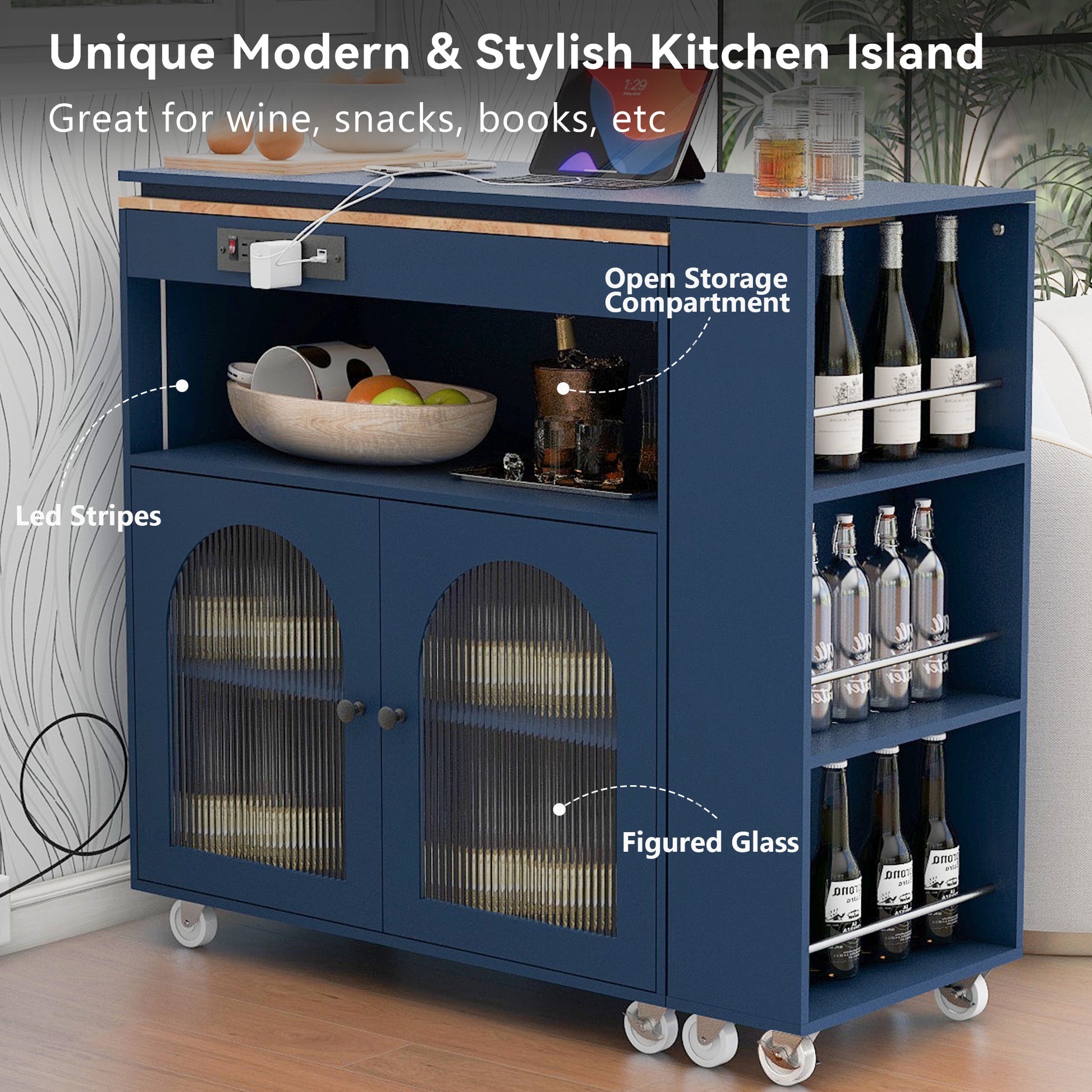 K&K Rolling Kitchen Island With Extended Table, Kitchen Island On Wheels With Led Lights,Power Outlets And 2 Fluted Glass Doors, Kitchen Island With A Storage Compartment And Side 3 Open Shelves, Navy Navy Blue Kitchen Classic,European,Modern Rectangular