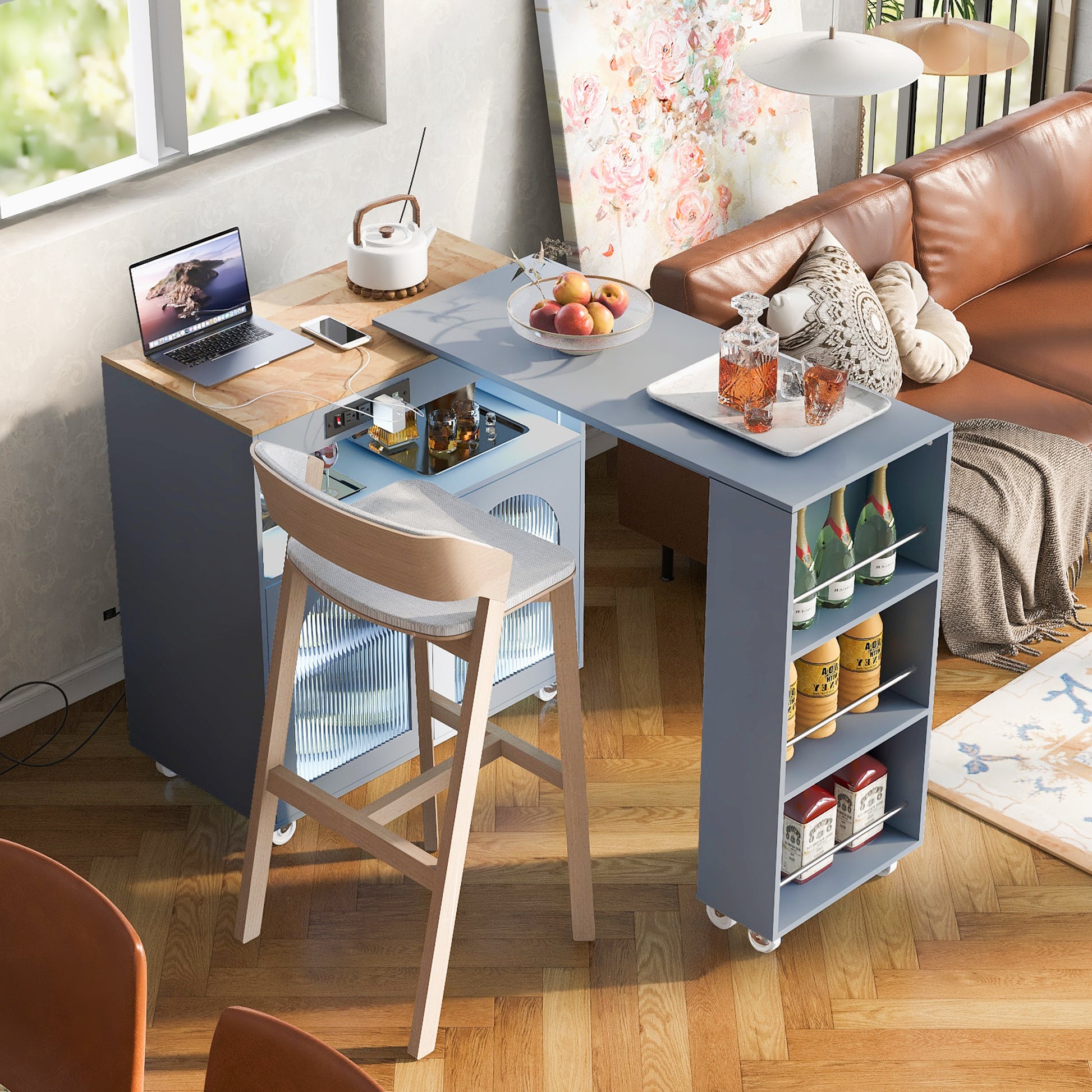 K&K Rolling Kitchen Island With Extended Table, Kitchen Island On Wheels With Led Lights,Power Outlets And 2 Fluted Glass Doors, Kitchen Island With A Storage Compartment And Side 3 Open Shelves, Grey Grey Blue Kitchen Classic,European,Modern Rectangular
