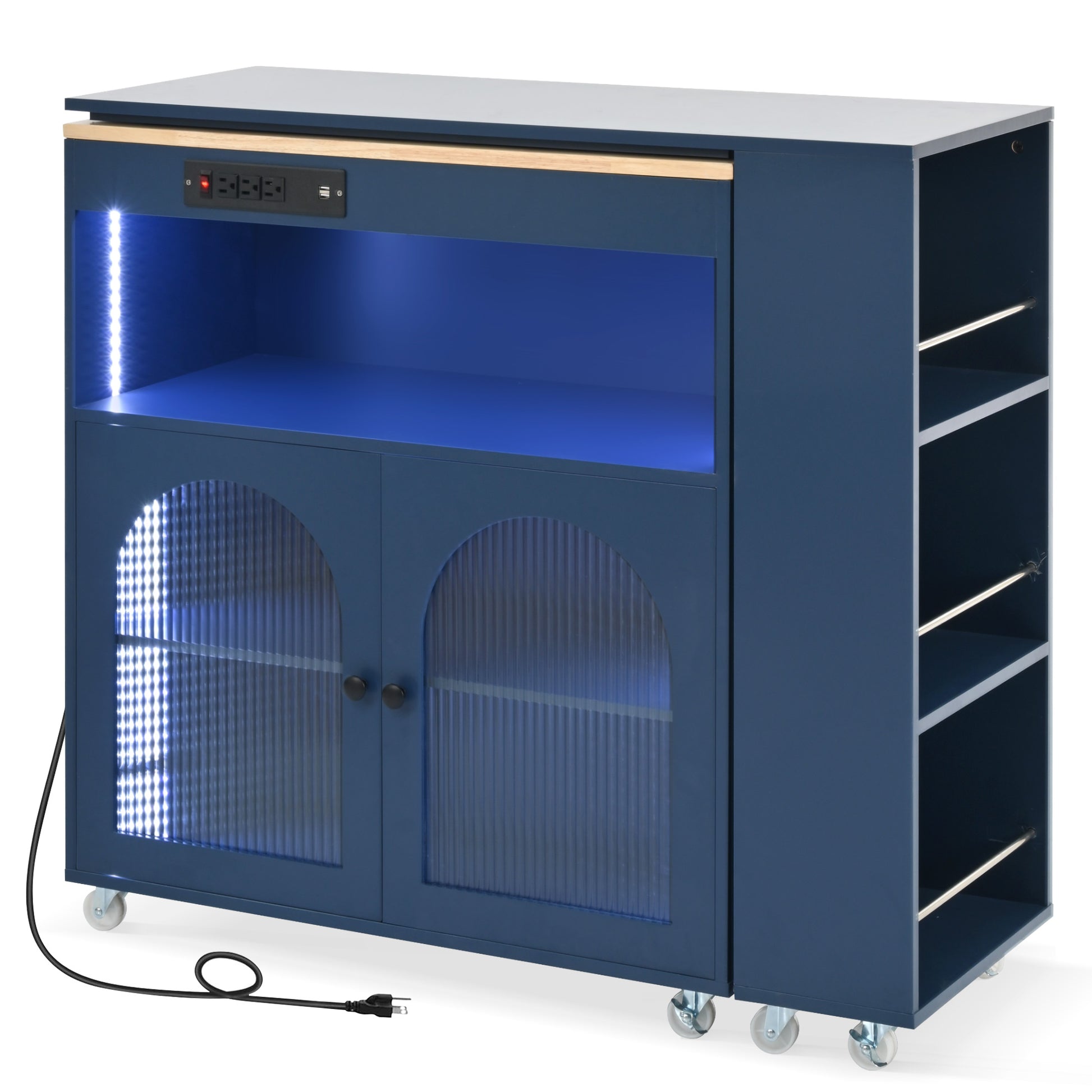 K&K Rolling Kitchen Island With Extended Table, Kitchen Island On Wheels With Led Lights,Power Outlets And 2 Fluted Glass Doors, Kitchen Island With A Storage Compartment And Side 3 Open Shelves, Navy Navy Blue Kitchen Classic,European,Modern Rectangular