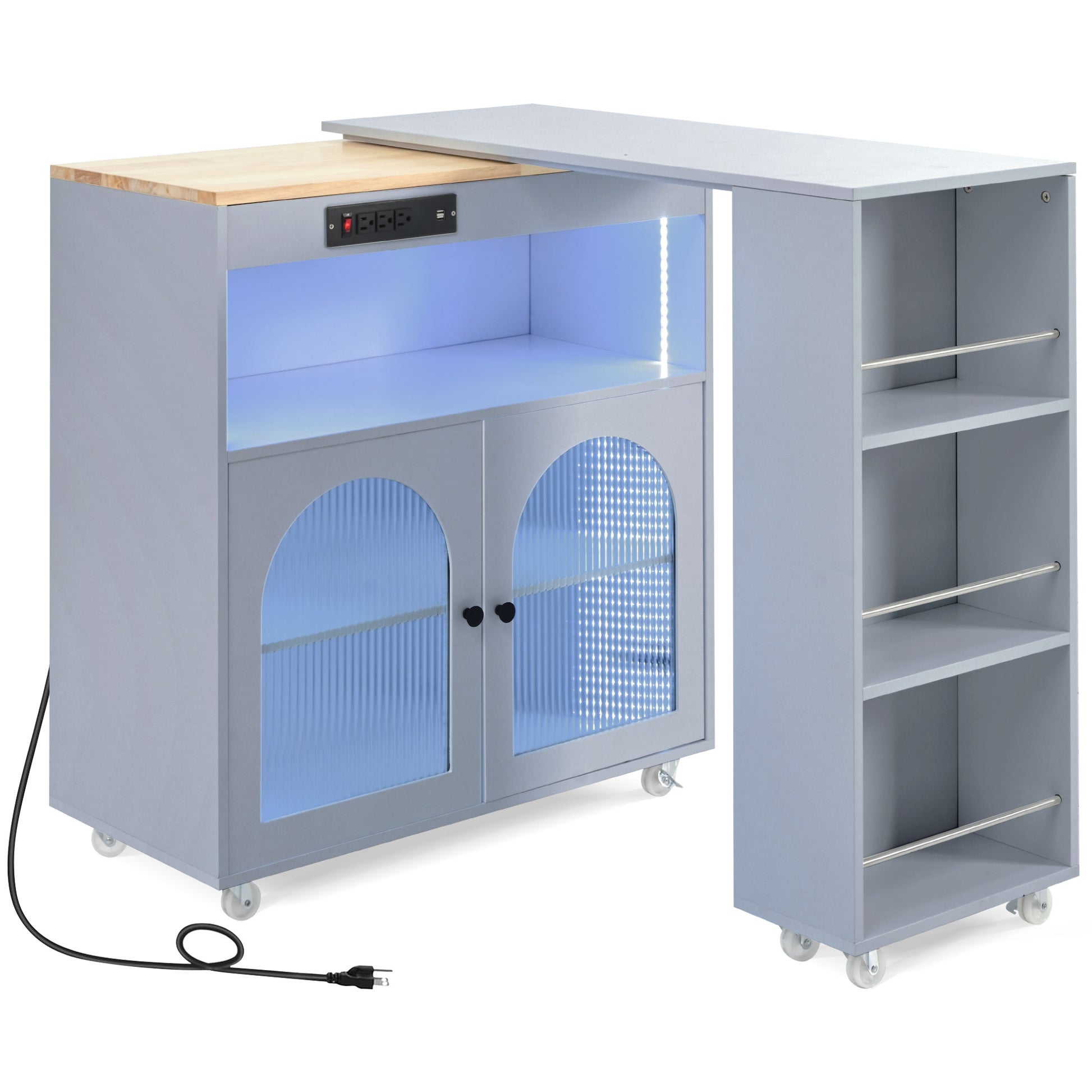 K&K Rolling Kitchen Island With Extended Table, Kitchen Island On Wheels With Led Lights,Power Outlets And 2 Fluted Glass Doors, Kitchen Island With A Storage Compartment And Side 3 Open Shelves, Grey Grey Blue Kitchen Classic,European,Modern Rectangular