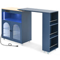 K&K Rolling Kitchen Island With Extended Table, Kitchen Island On Wheels With Led Lights,Power Outlets And 2 Fluted Glass Doors, Kitchen Island With A Storage Compartment And Side 3 Open Shelves, Navy Navy Blue Kitchen Classic,European,Modern Rectangular