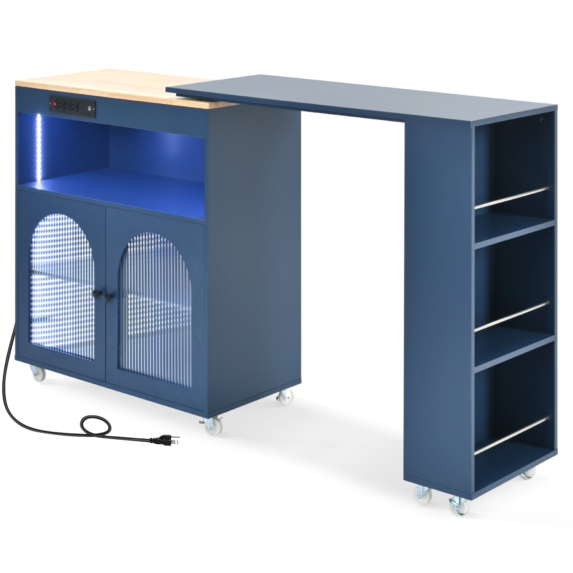 K&K Rolling Kitchen Island With Extended Table, Kitchen Island On Wheels With Led Lights,Power Outlets And 2 Fluted Glass Doors, Kitchen Island With A Storage Compartment And Side 3 Open Shelves, Navy Navy Blue Kitchen Classic,European,Modern Rectangular