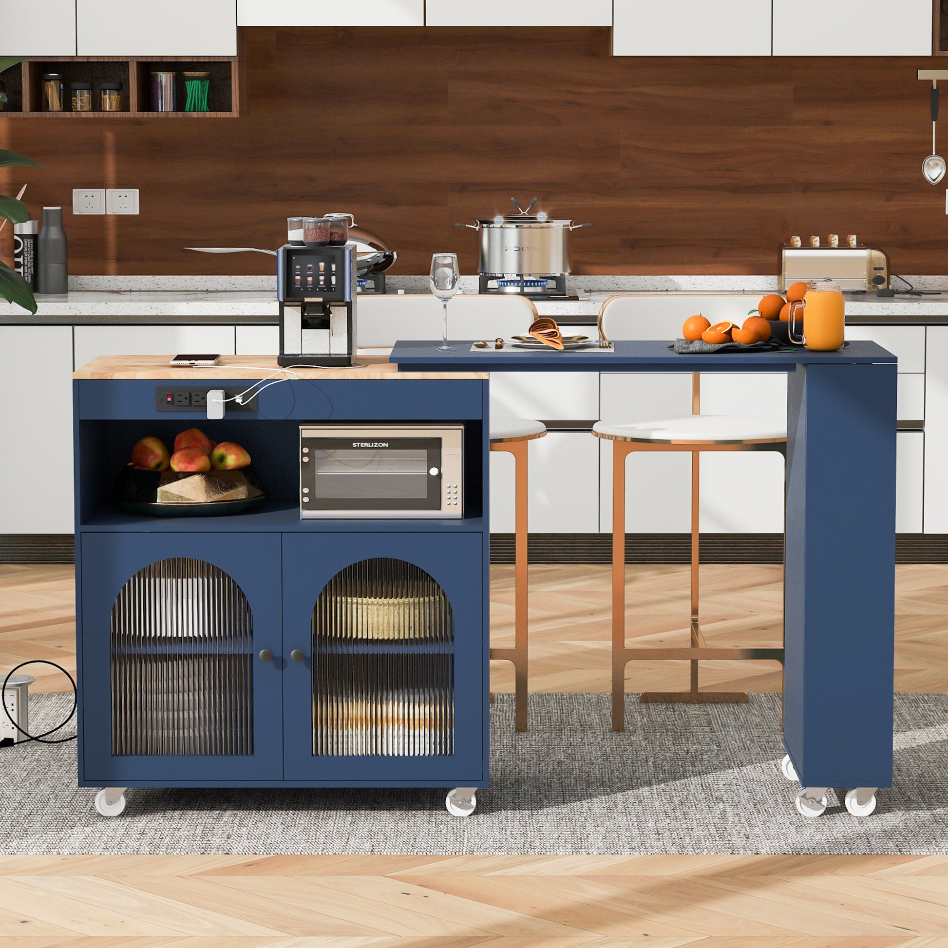 K&K Rolling Kitchen Island With Extended Table, Kitchen Island On Wheels With Led Lights,Power Outlets And 2 Fluted Glass Doors, Kitchen Island With A Storage Compartment And Side 3 Open Shelves, Navy Navy Blue Kitchen Classic,European,Modern Rectangular