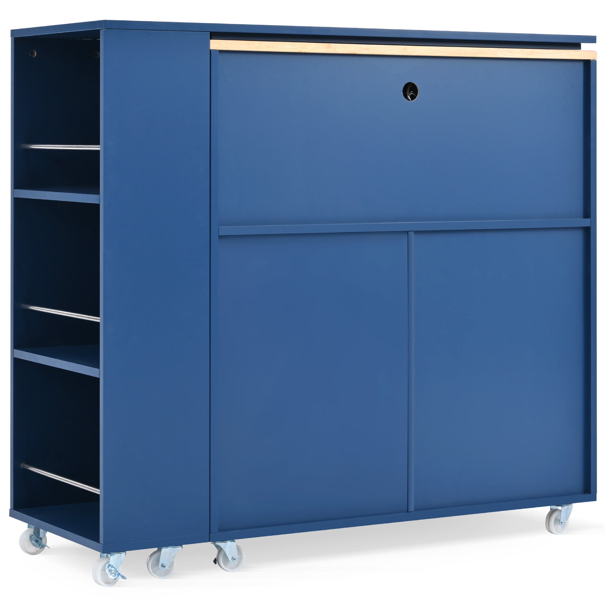 K&K Rolling Kitchen Island With Extended Table, Kitchen Island On Wheels With Led Lights,Power Outlets And 2 Fluted Glass Doors, Kitchen Island With A Storage Compartment And Side 3 Open Shelves, Navy Navy Blue Kitchen Classic,European,Modern Rectangular