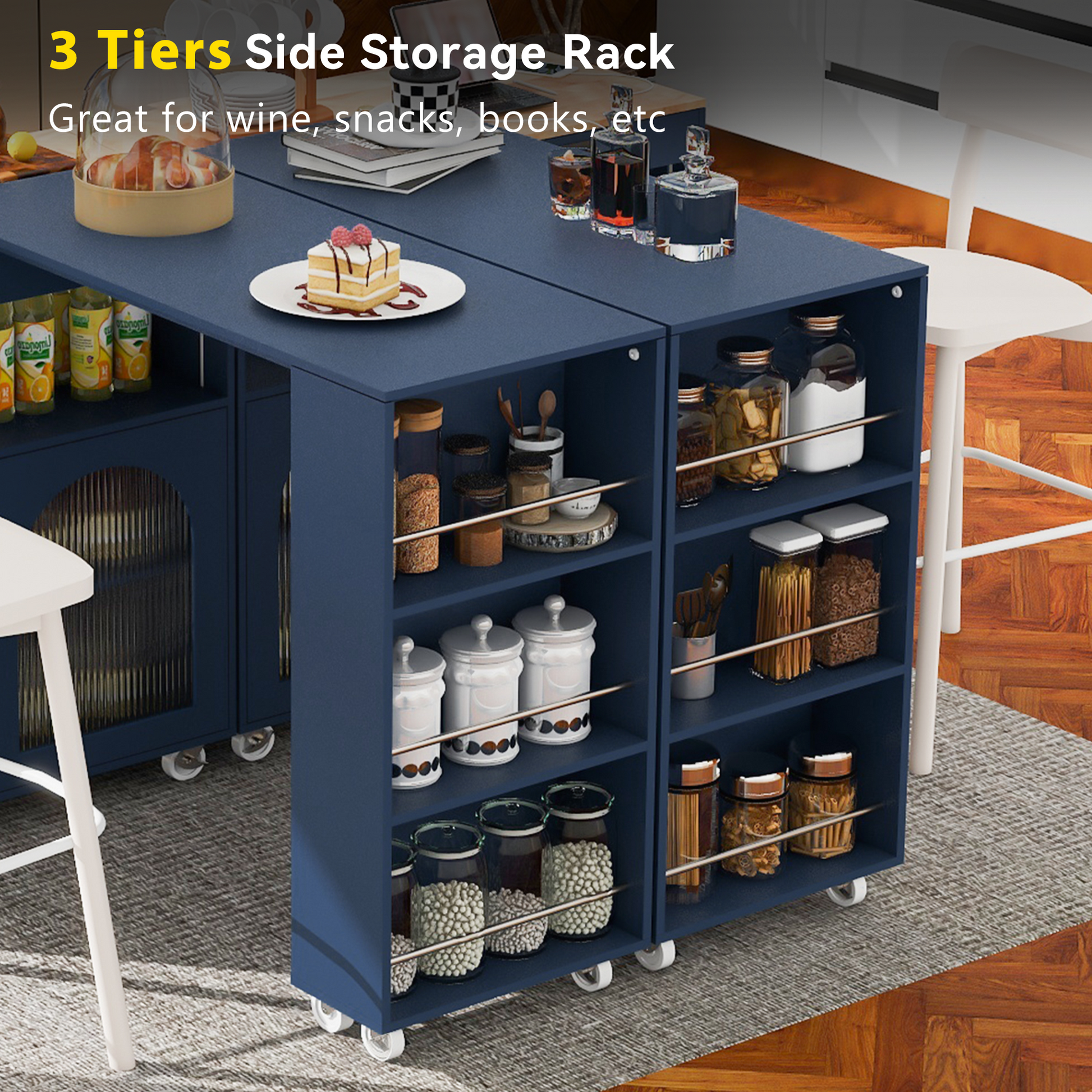 K&K Rolling Kitchen Island With Extended Table, Kitchen Island On Wheels With Led Lights,Power Outlets And 2 Fluted Glass Doors, Kitchen Island With A Storage Compartment And Side 3 Open Shelves, Navy Navy Blue Kitchen Classic,European,Modern Rectangular