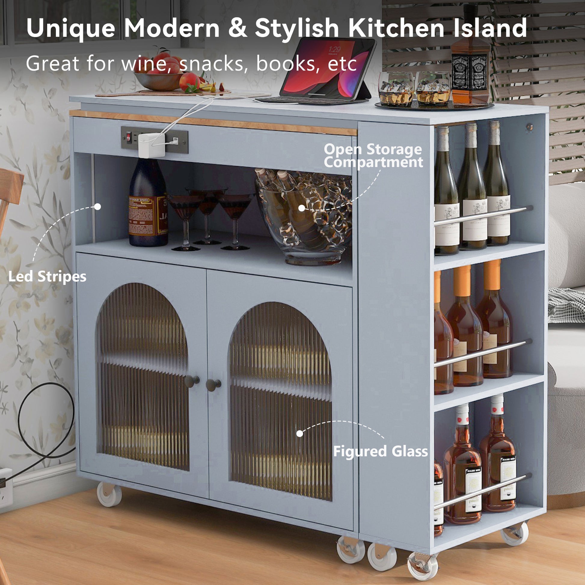 K&K Rolling Kitchen Island With Extended Table, Kitchen Island On Wheels With Led Lights,Power Outlets And 2 Fluted Glass Doors, Kitchen Island With A Storage Compartment And Side 3 Open Shelves, Grey Grey Blue Kitchen Classic,European,Modern Rectangular
