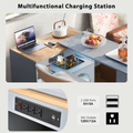 K&K Rolling Kitchen Island With Extended Table, Kitchen Island On Wheels With Led Lights,Power Outlets And 2 Fluted Glass Doors, Kitchen Island With A Storage Compartment And Side 3 Open Shelves, Grey Grey Blue Kitchen Classic,European,Modern Rectangular