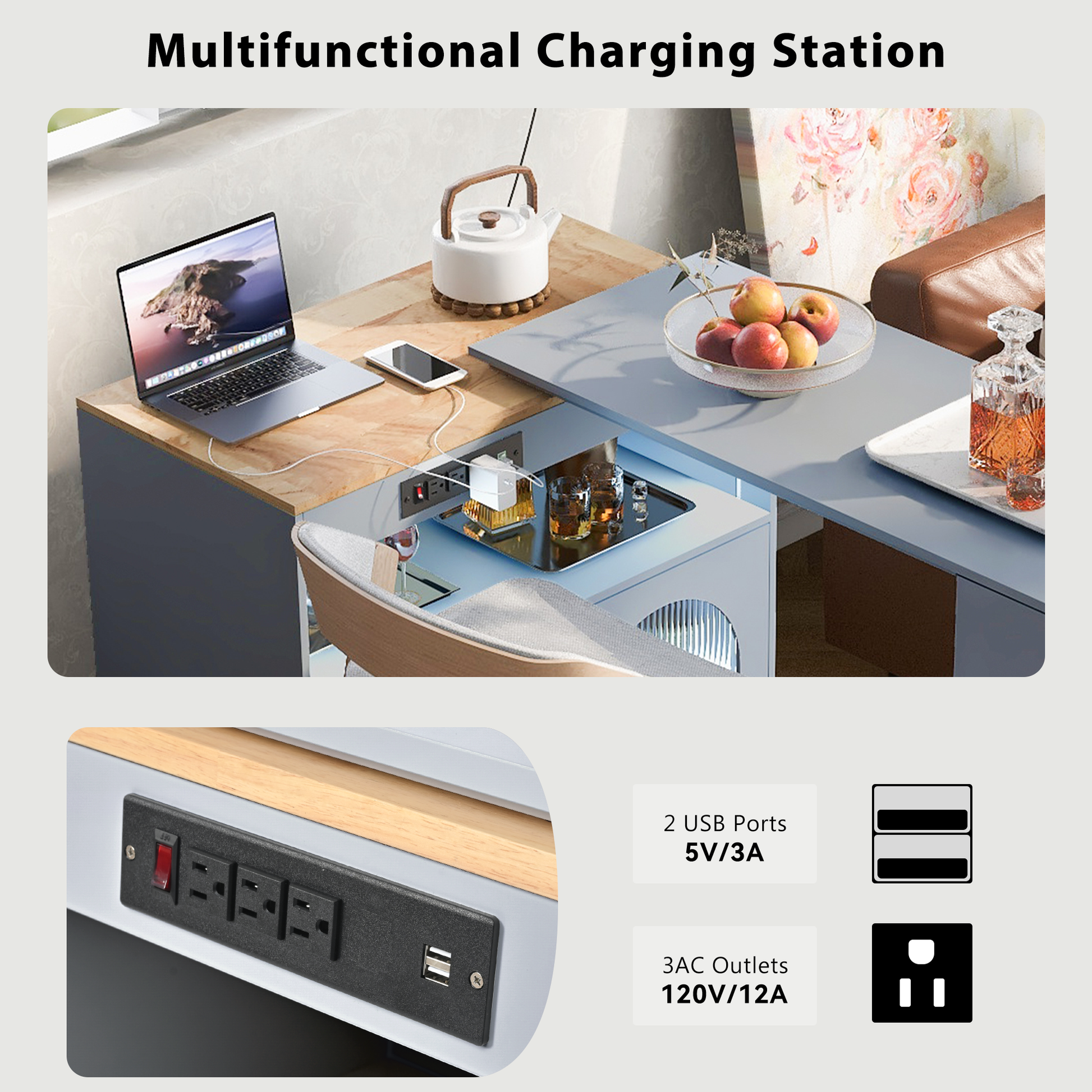 K&K Rolling Kitchen Island With Extended Table, Kitchen Island On Wheels With Led Lights,Power Outlets And 2 Fluted Glass Doors, Kitchen Island With A Storage Compartment And Side 3 Open Shelves, Grey Grey Blue Kitchen Classic,European,Modern Rectangular