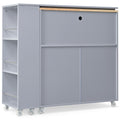 K&K Rolling Kitchen Island With Extended Table, Kitchen Island On Wheels With Led Lights,Power Outlets And 2 Fluted Glass Doors, Kitchen Island With A Storage Compartment And Side 3 Open Shelves, Grey Grey Blue Kitchen Classic,European,Modern Rectangular