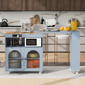 K&K Rolling Kitchen Island With Extended Table, Kitchen Island On Wheels With Led Lights,Power Outlets And 2 Fluted Glass Doors, Kitchen Island With A Storage Compartment And Side 3 Open Shelves, Grey Grey Blue Kitchen Classic,European,Modern Rectangular