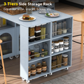 K&K Rolling Kitchen Island With Extended Table, Kitchen Island On Wheels With Led Lights,Power Outlets And 2 Fluted Glass Doors, Kitchen Island With A Storage Compartment And Side 3 Open Shelves, Grey Grey Blue Kitchen Classic,European,Modern Rectangular