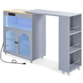 K&K Rolling Kitchen Island With Extended Table, Kitchen Island On Wheels With Led Lights,Power Outlets And 2 Fluted Glass Doors, Kitchen Island With A Storage Compartment And Side 3 Open Shelves, Grey Grey Blue Kitchen Classic,European,Modern Rectangular
